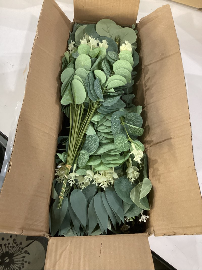 Condition photo showing Good Condition for lovemoon 130 pcs artificial mixed eucalyptusstems bulk, 5 kinds of faux greeneryeucalyptus leaves bulk for vase wedding diy bouquets floral arrangement home decor (130, green) green 130