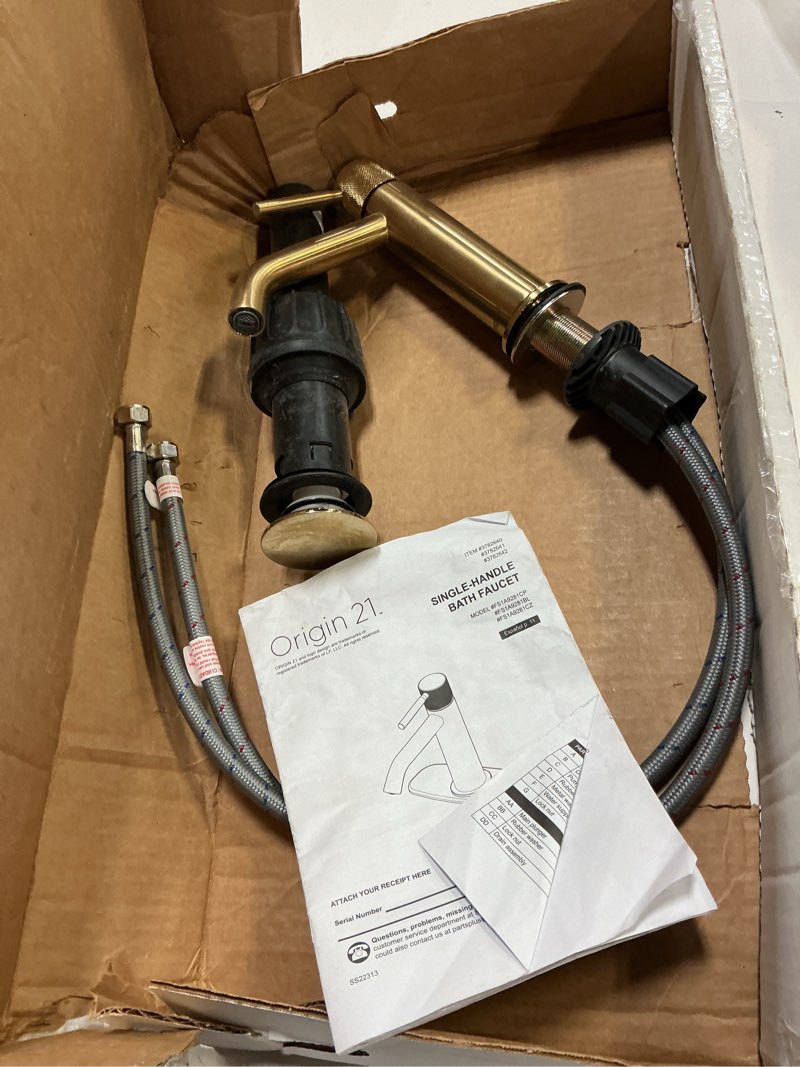 Condition photo showing As Is for delta nicoli brushed gold bathroom faucet 1 hole, single hole bathroom sink faucet for vanity, push-pop drain assembly, champagne bronze 15849lf-cz champagne bronze standard spout