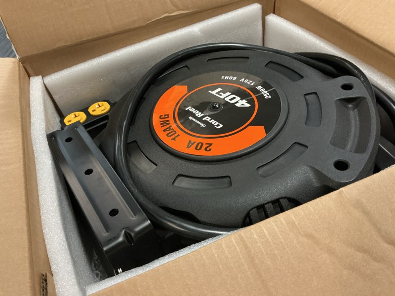 Condition photo showing Good Condition for dewenwils retractable extension cord reel, 40ft 10awg/3c sjtw heavy duty power cord, 4 grounded outlets, 20 amp circuit breaker, 2500w, 180° swivel bracket for ceiling/wall mount, etl listed 10awg/3c 40ft