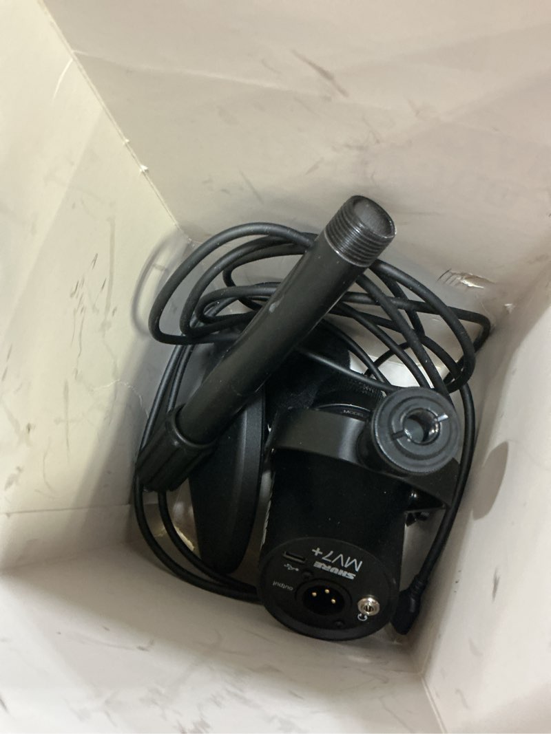 Condition photo showing As Is for shure mv7+ podcast dynamic microphone with stand. obs certified, enhanced audio, led touch panel, usb-c & xlr outputs, auto level mode, digital pop filter, podcasting, streaming, recording - black
