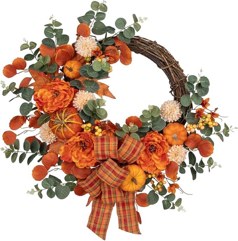 24\" Artificial Fall Half Wreath for Front Door Autumn Wreath with Velvet Pumpkin Dahlia Maple and Ribbon for Halloween Thanksgiving Day Indoor Outdoor Farmhouse Window Wall Décor Paeonia Lactiflora Pumpkin