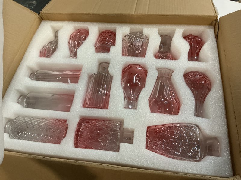 Condition photo showing New/Like New for 36pcs valentine's day bud vases set small vintage glass bottles pink bud vases in bulk multiple shape cute glass vases for rustic wedding centerpieces table decorations and home decor(pink)