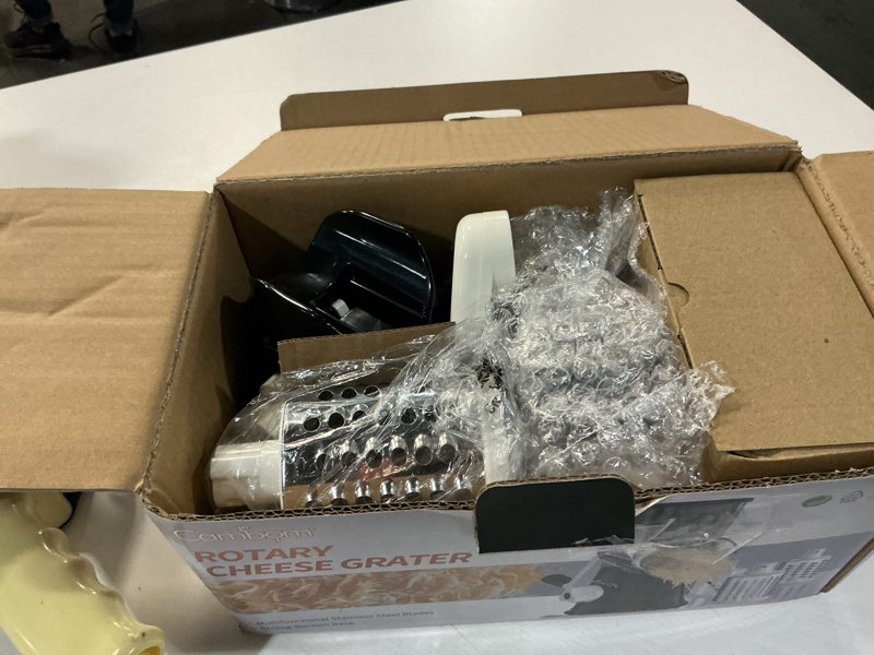 Condition photo showing Good Condition for cambom rotary cheese grater hand crank cheese shredder for fresh cheese, vegetable, nuts,non-slip suction base, free cleaning brush three blades, black 3 blades black