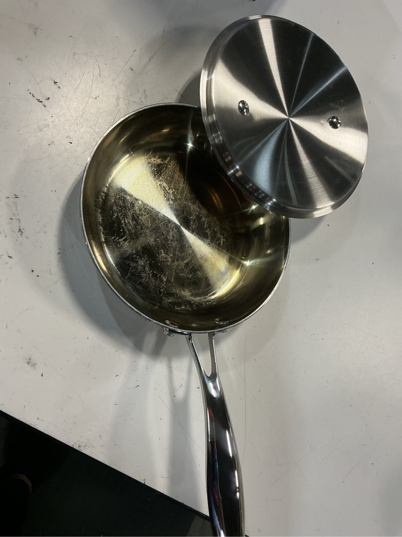 Condition photo showing As Is for useluck tri-ply stainless steel frying pan with lid, 8 inch stainless steel skillet, small fry pan f