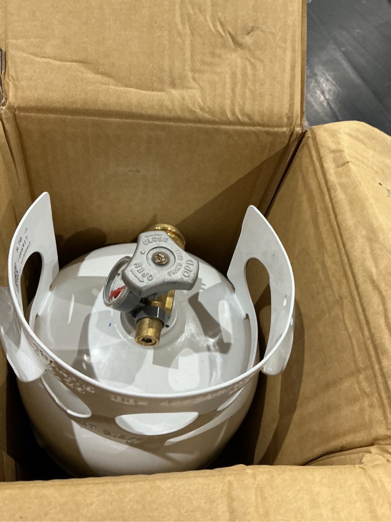 Condition photo showing As Is for flame king ysn5lb-gauge 5lb steel propane tank cylinder with gauge and opd valves for grills and bbqs, camping, fishing, & outdoor activities, white 5lb propane tank with gauge