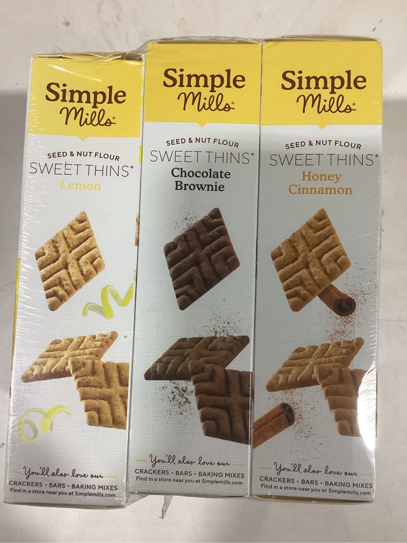 Condition photo showing Good Condition for (BB 12/29/25)Simple Mills Sweet Thins New Cookies Variety Pack, Seed and Nut Flour (Lemon, Honey Cinnamon, Chocolate Brownie) - Gluten Free, Paleo Friendly, Healthy Snacks, 4.25 Ounce (Pack of 3) Variety Pack (Lemon, Honey Cinnamon, Chocolate Brownie) 4.25 ounce (Pack of 3)