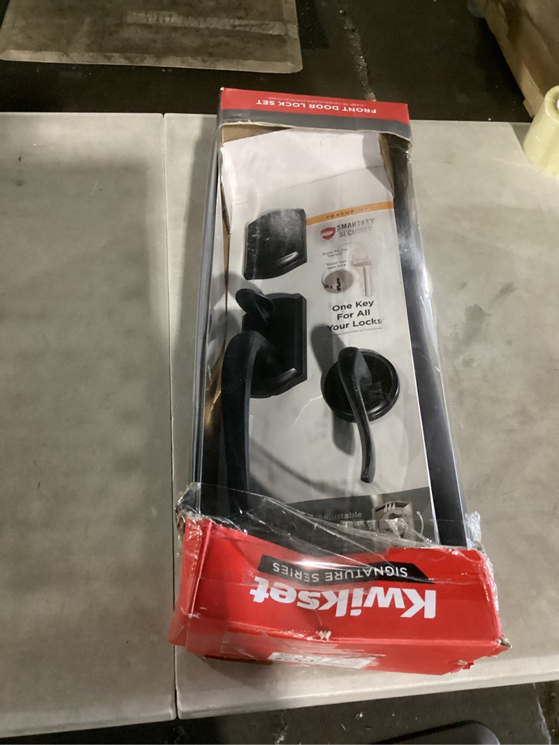 Condition photo showing Good Condition for kwikset prescott front door lock handle and deadbolt set, entry handleset exterior with sedona reversible lever, matte black, pick resistant smartkey rekey deadbolt security, with microban protection matte black keyed entry