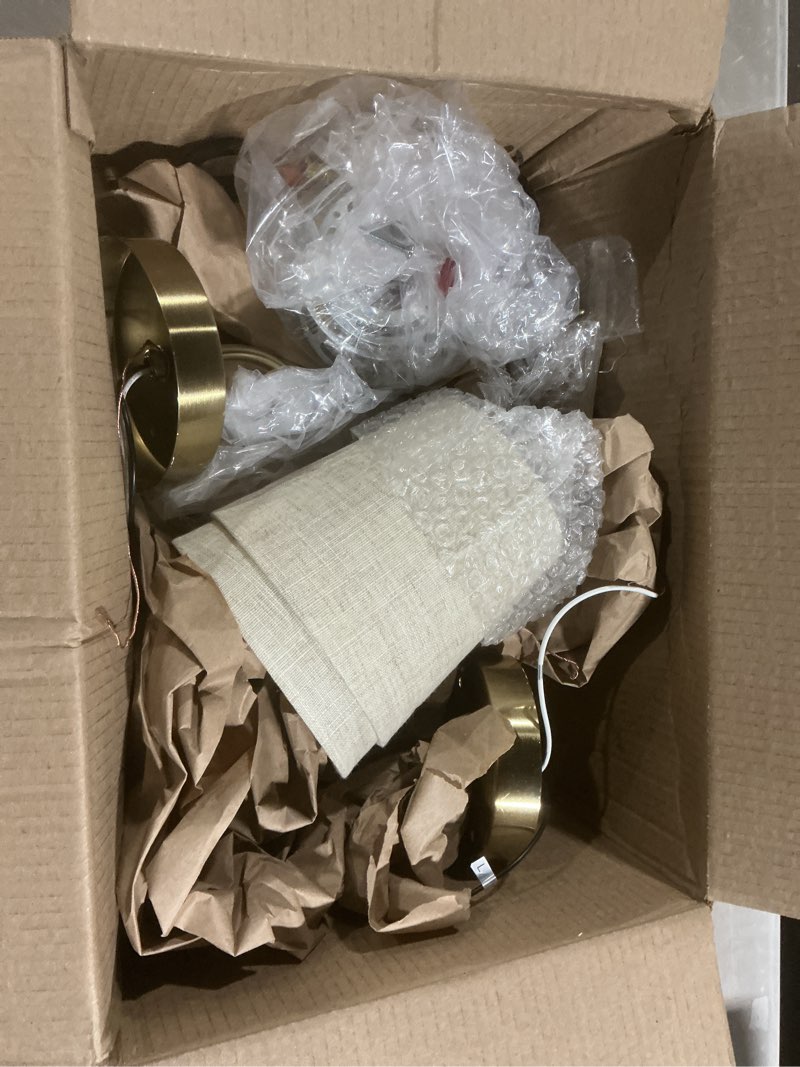 Condition photo showing As Is for lasenchoo gold wall sconces set of two, modern sconces wall lighting vintage wall light fixtures with fabric lampshade, bedside wall lamps for bedroom living room hallway entryway 2 pack-gold-hardwired-e26