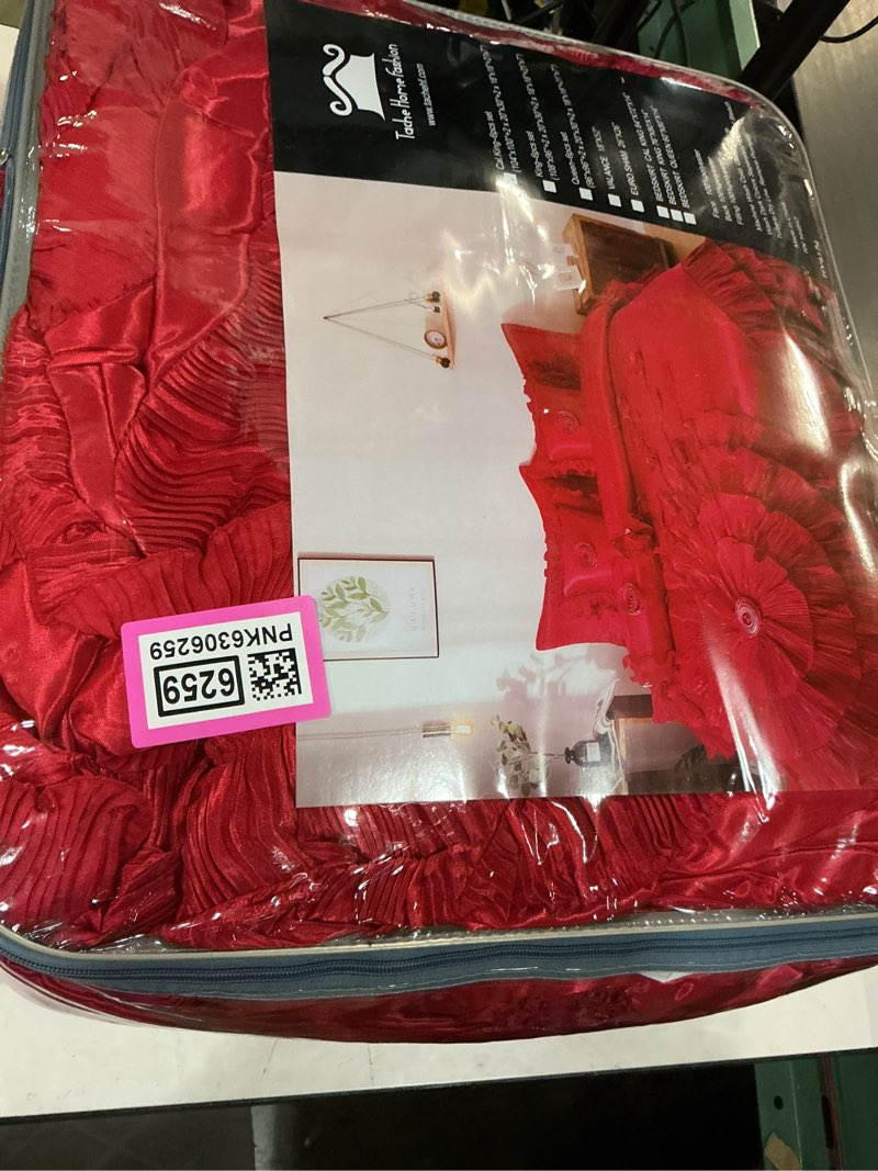 Condition photo showing Good Condition for tache red california king size comforter set vehy4174-ck satin comforter set bright red romantic roses ruffle bedding set, cal king, red
