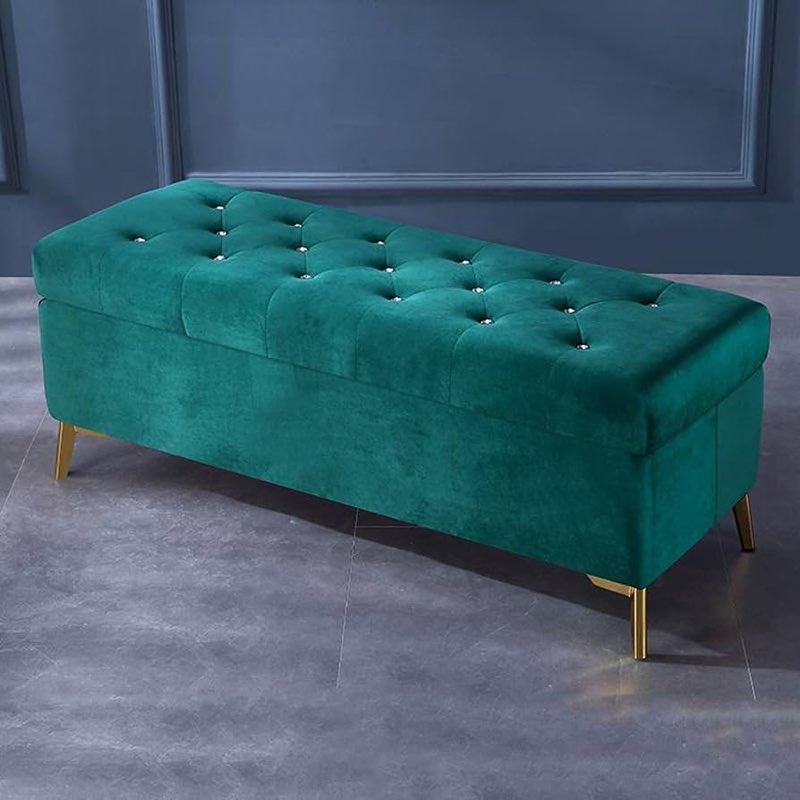 39.4inch Velvet Storage Bench, Tufted Upholstered Ottoman with Gold Legs, End of Bed Bench, Rectangular Accent Bench, Storage Chest for Entryway, Living Room, Green 