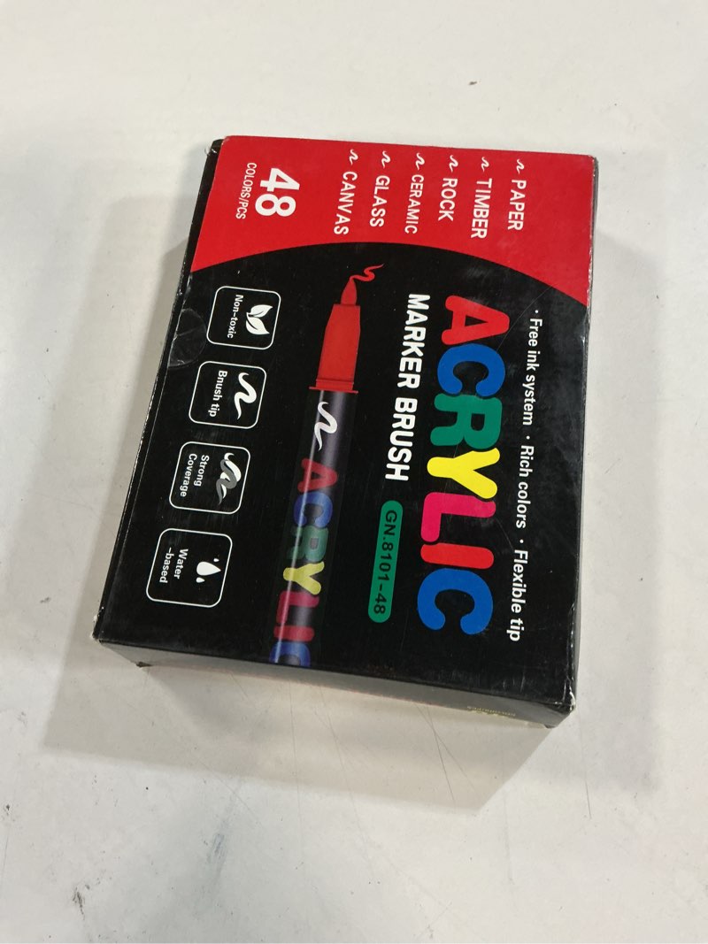 Condition photo showing New/Like New for 48 Acrylic Paint Markers, Acrylic Paint Pens with Brush Tip No-Bleed, Automatic Ink, Fabric Markers for Rock, Metal, Glass, Wood, Canvas, Ceramic, Plastic, DIY Craft, Art Supplies