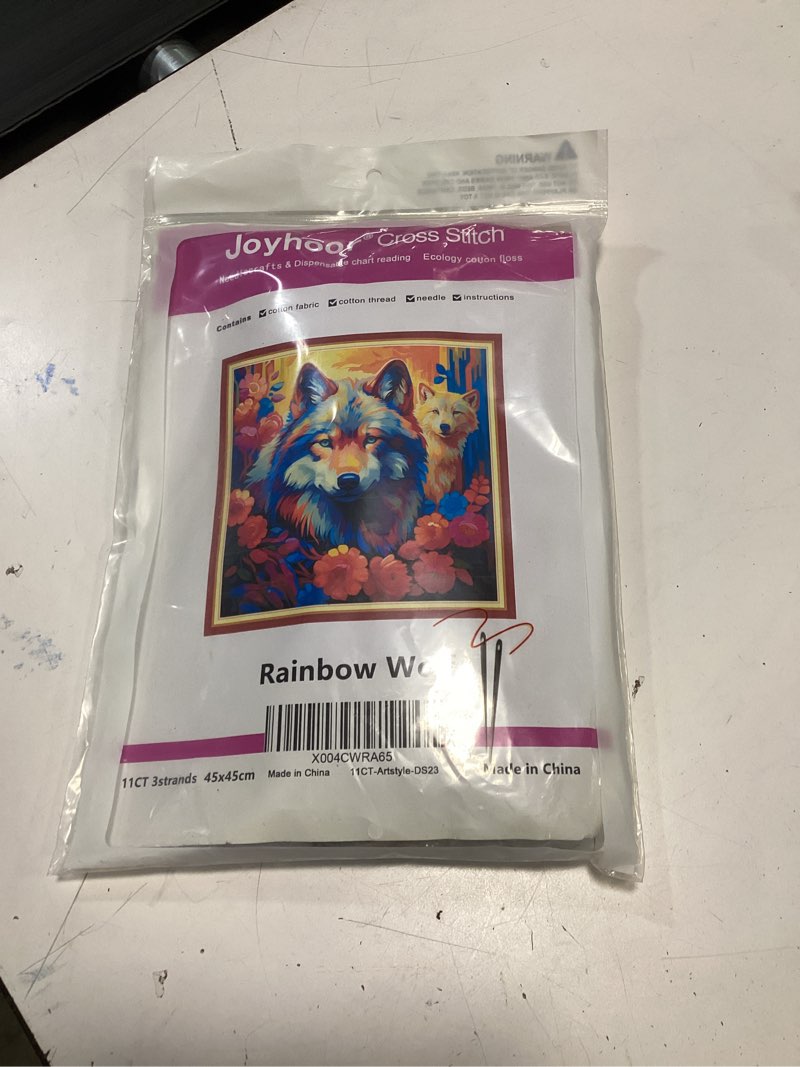 Condition photo showing New/Like New for joyhoor stamped cross stitch kits for beginners, needlepoint kits for adults, 11ct counted embroidery kits-rainbow wolf 18x18 inchs artstyle23