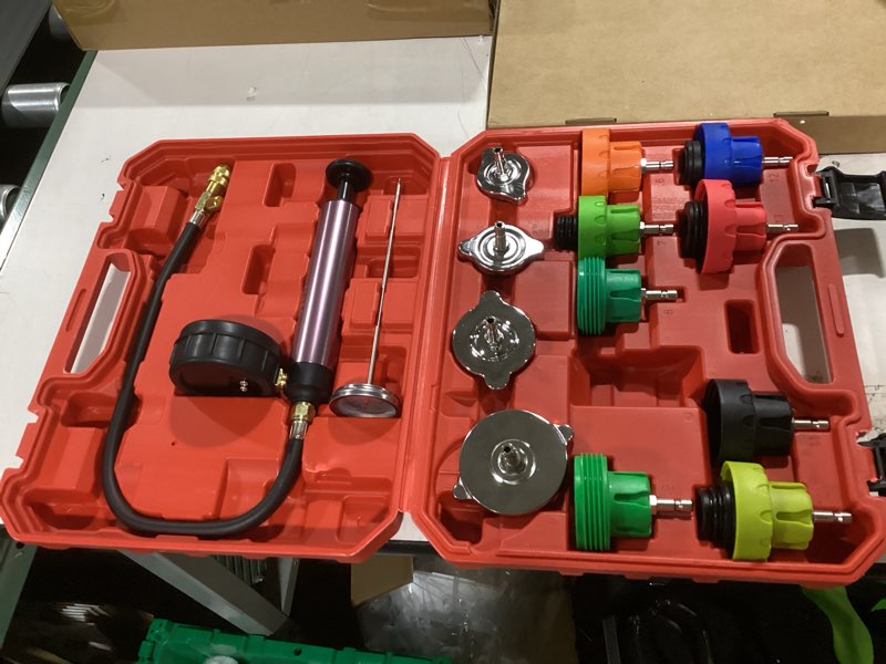 Condition photo showing Good Condition for 14pcs pressure leak tester tool kit, radiator pump pressure tester for automotive cooling system, water tank leakage detection tool set red 1 14