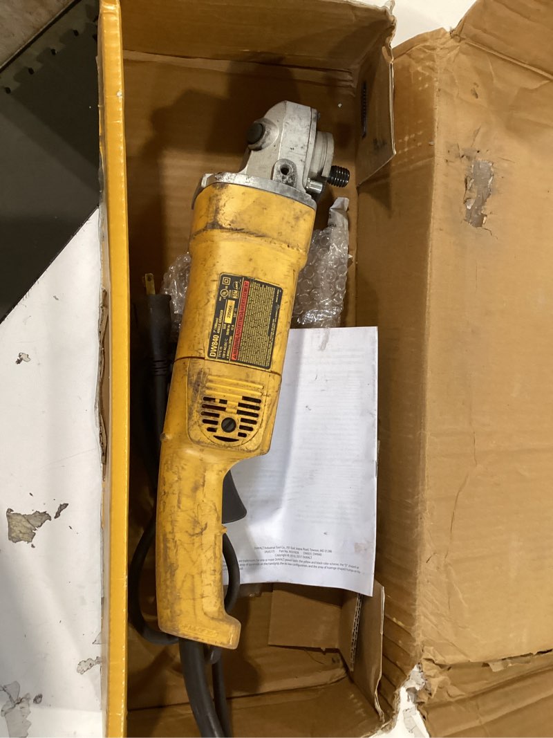 Condition photo showing As Is for dewalt angle grinder, 7-inch, 13-amp, 8,000 rpm, with dust ejection system, corded (dw840)