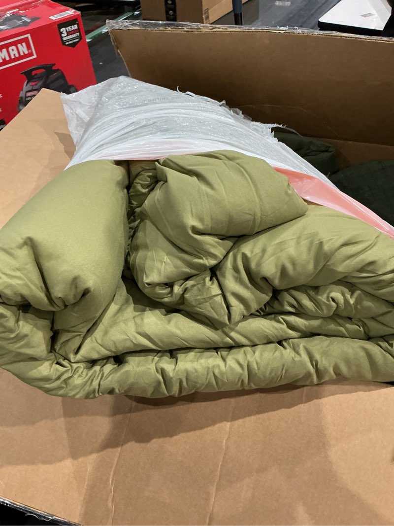 Condition photo showing As Is for rosgonia california king comforter set olive green, 3pcs (1 boho olive cal king comforter & 2 pillowcases), all season bedding blanket quilts california king comforter 104"x96" olive green