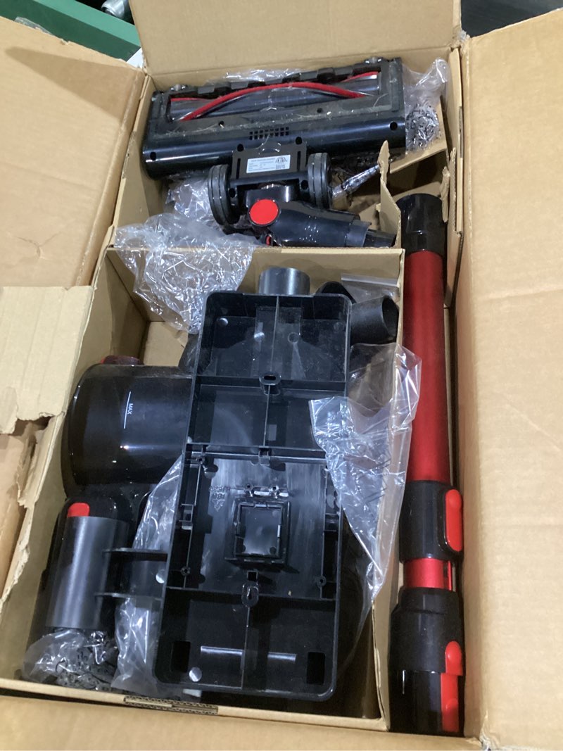 Condition photo showing As Is for (used, not tested)newbulig cordless vacuum cleaner, lightweight stick vacuum for home with anti-tangle and led lights, powerful rechargeable wireless cleaners for hardwood floors carpet pet hair modern black red 11\"*10\"