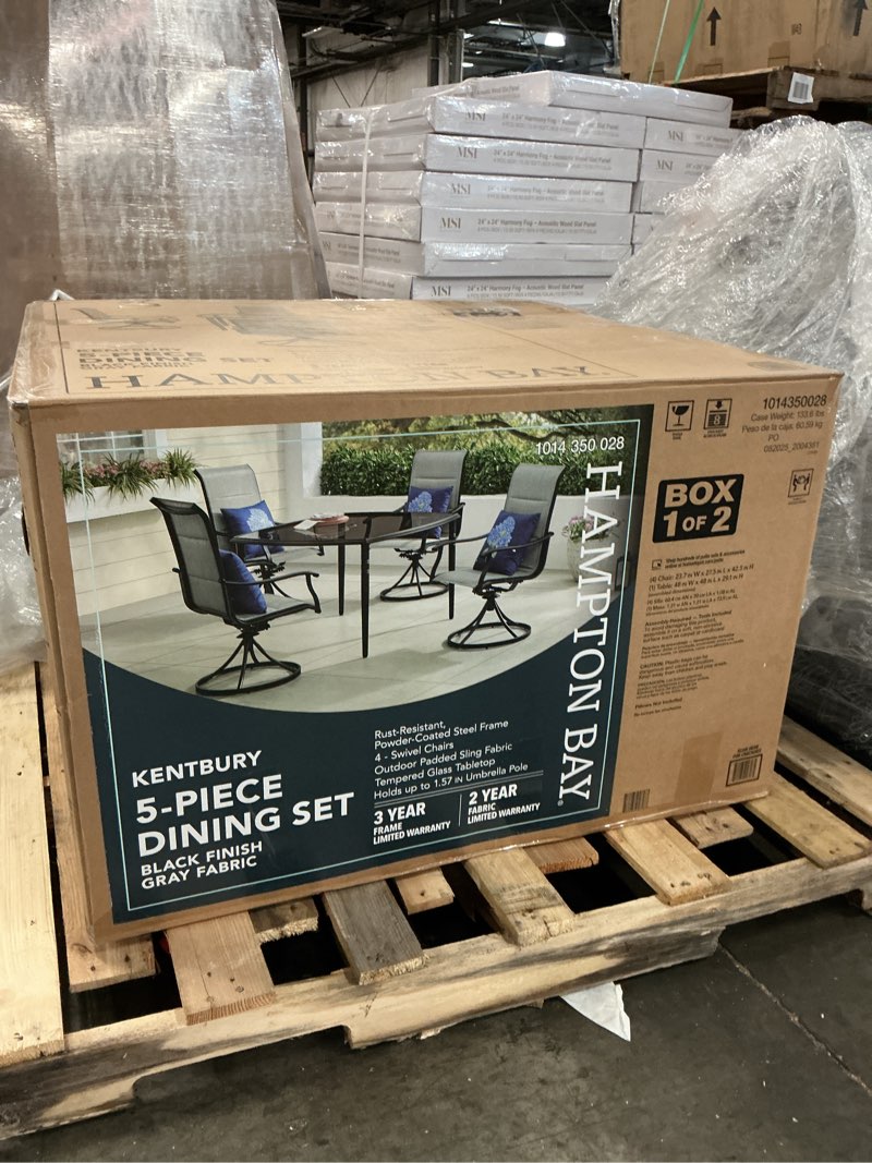 Condition photo showing New/Like New for hampton bay kentbury 5-piece steel padded sling square glass top outdoor dining set