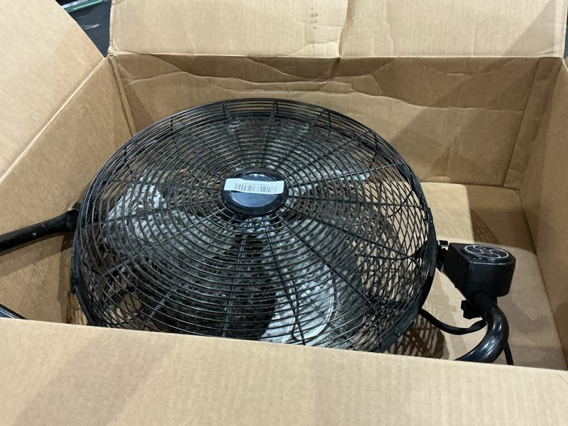 Condition photo showing As Is for lasko 20" black high velocity wall mount fan with pivoting head - 3 speeds, remote control, ideal wall mount fan or floor fan for home, garage, attic, h20660