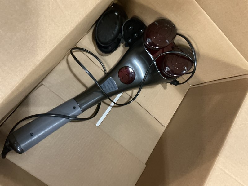 Condition photo showing As Is for dual head handheld percussion massager with heat, electric deep tissue back massager for neck, shoulder, back, leg & full-body muscle relief, ideal gift for parents