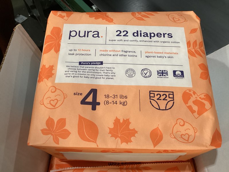 Pura Size 4 Diapers, 3 packs Unisex, Organic Cotton, Leak-Free, Plant-Based, Dermatologically Tested, Allergy-Certified, Carbon Neutral, B-Corp (total 66 Diapers)