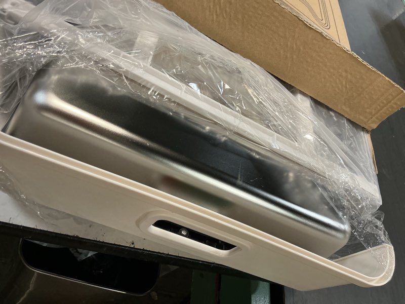 Condition photo showing As Is for stainless steel cat litter box with lid, enclosed cat litter boxes, covered top entry litter box, foldable large metal box with cover