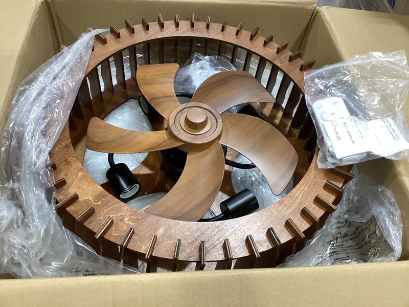 Condition photo showing As Is for 20 in. dark coffee flush mount ceiling fan with light, rustic wavy wood caged low profile with remote reversible blades