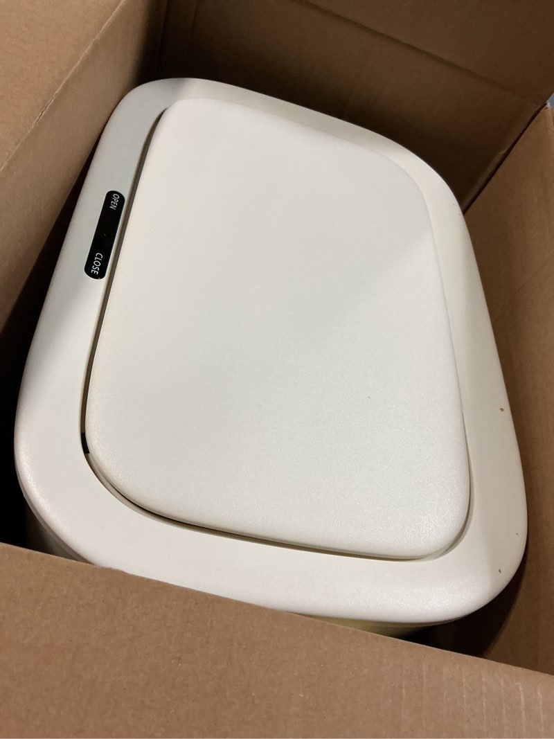 Condition photo showing Good Condition for Metal Kitchen Trash Can with Wheel Legs, 36L / 9.5gal Medium Press Lid Slim Waste Basket, Pet Proof Tall Narrow Garbage Pail for Vanity, Bedroom, Bathroom, Living Room, Sunflower