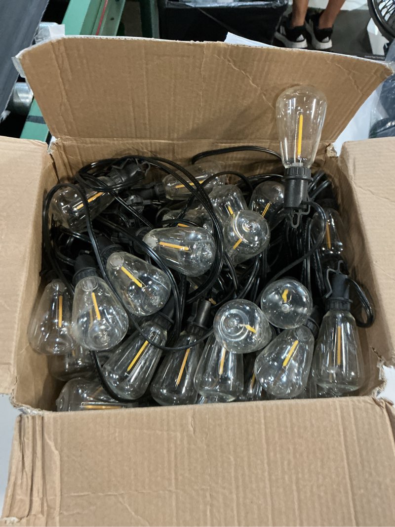 Condition photo showing As Is for solar string lights outdoor waterproof 100ft with 52 shatterproof,solar lights outdoor remote st38 vintage edison bulbs,salor ourdoor light hanging lights waterproof for outside backyard