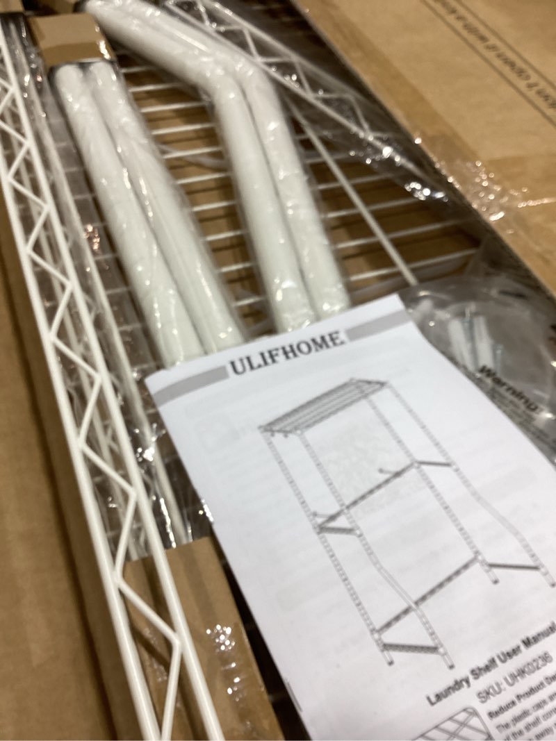 Condition photo showing Good Condition for ULIFHOME U16 Upgraded Washer Dryer Stacking Rack for Narrow Laundry Room and Bathroom, Metal Over Washer and Dryer Storage Shelves for Saving Space, 29.5" W x 23.6" D x 53.1" H, White