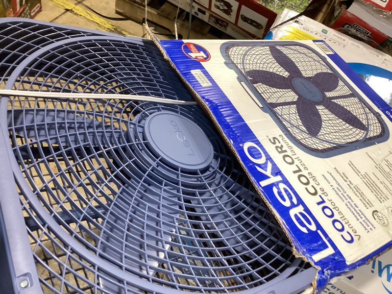 Condition photo showing As Is for lasko cool colors 20" 3-speed energy efficient box fan, laguna blue, b20312
