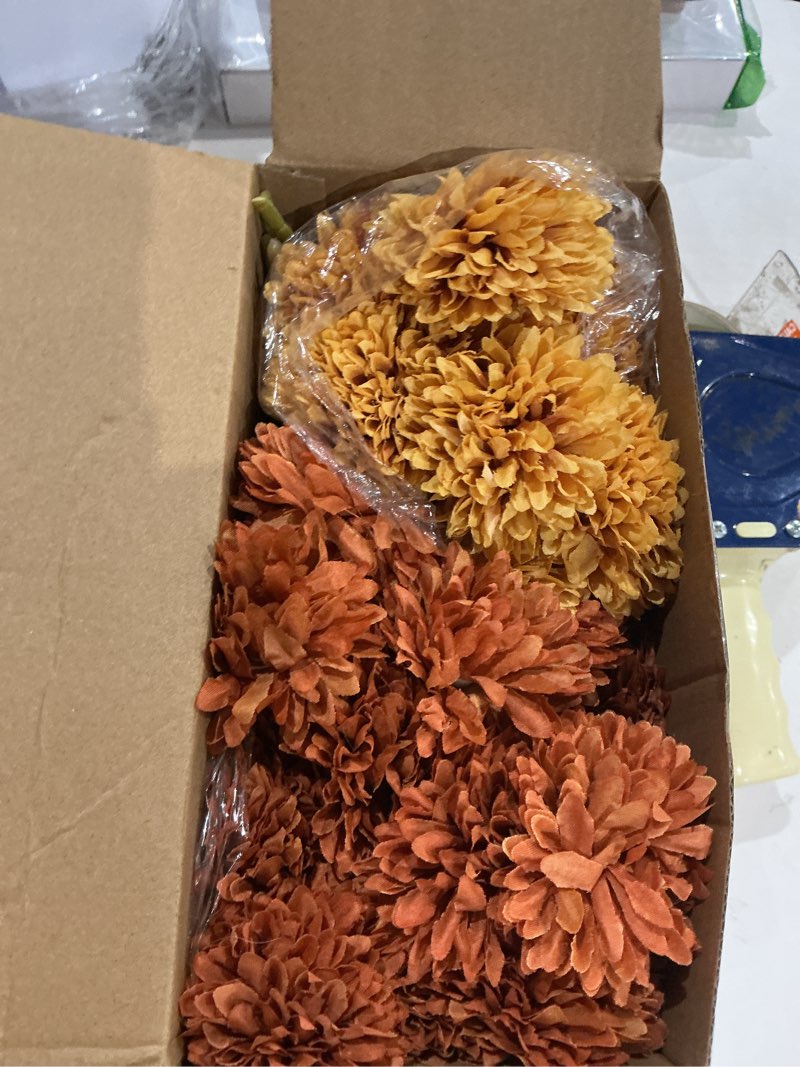 Condition photo showing Good Condition for 12 pcs fall artificial flowers for outdoor faux mums burnt orange flowers assorted fake silk mums chrysanthemums bouquet fall marigold for vase table floral arrangement for wedding autumn home decor 12 burnt chrysanthemum ball