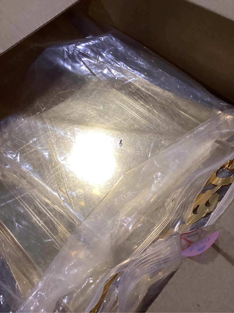 Condition photo showing Good Condition for (Pack of 2) 14.2 inch x 10.4 inch Rectangular Iron Gold Plated Mirror Serving Tray with Handles Floral Engraved Party Birthday Wedding Wine Candle Decor Platter Plate Base Dish GD-332