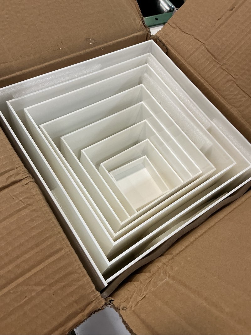 Condition photo showing Good Condition for white acrylic buffet risers 8 pcs, food display stands for buffet table party catering dessert jewelry collectibles, acrylic cube nesting boxes with hollow bottoms 8 sizes (10"-9"-8"-7"-6"-5"-4"-3")