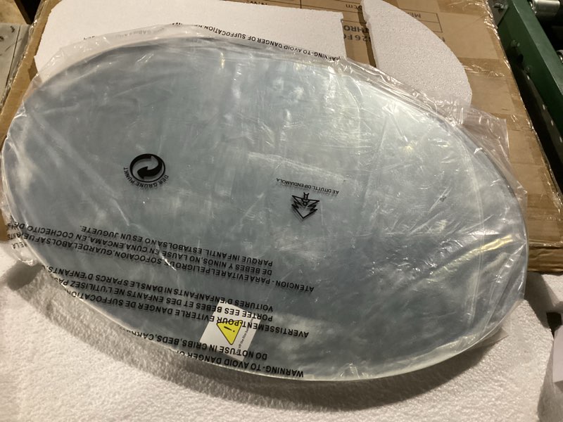 Condition photo showing Good Condition for vocalstar frameless oval mirror, 18" x 26" bathroom wall mirror with beveled edge, modern decorative vanity mirrored for living room, entryway, bedroom | 1/4-inch shatterproof glass oval 18"l x 26"w