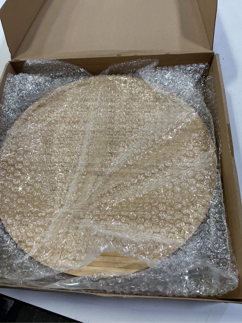 Condition photo showing New/Like New for 3 Pcs Bamboo Serving Tray Round Bamboo Tray Round Wood Plates Wooden Serving Platter Charcuterie Serving Board with Rim for Kitchen Counter Home Dinning Coffee Table Fruit Bread Plant Pot (13.8 Inch)