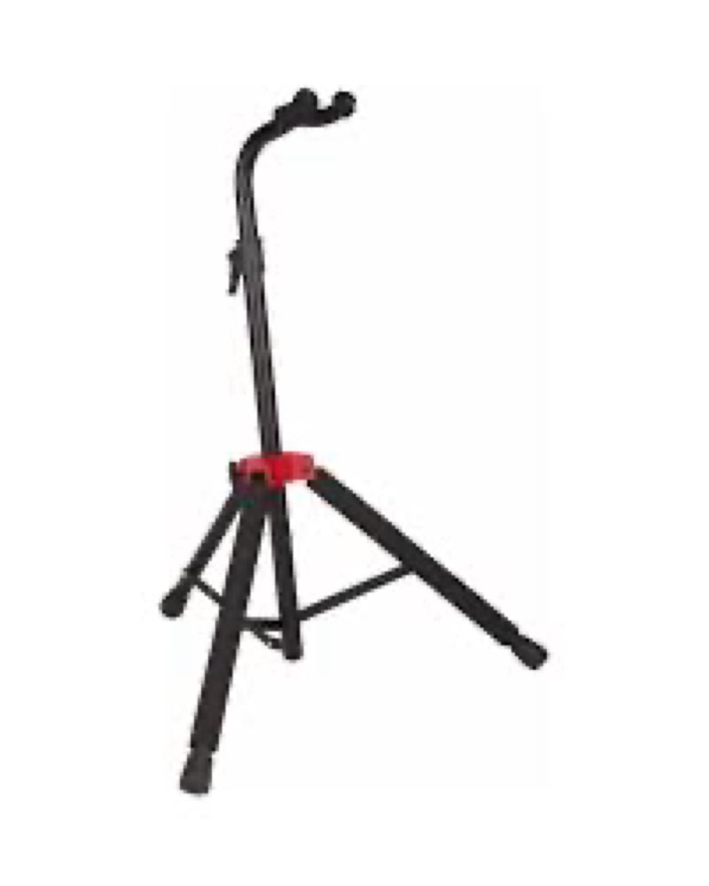 fender deluxe hanging guitar stand, height-adjustable neck yoke, metal construction, can support acoustic, electric, and bass guitars, padded support