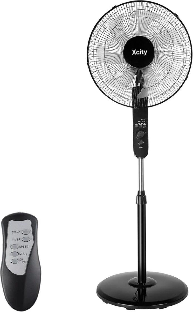 xcity 16 inch oscillating pedestal fan, 3-speed stand fan, remote control, high velocity, adjustable height & tilt, 7.5h timer, powerful quiet standing fan for bedroom, living room, office, black