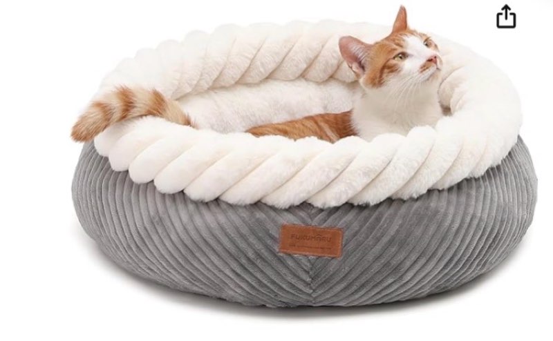 fukumaru cat beds for indoor cats, washable round donut cat bed, super soft cute dog bed for small dogs and puppy, cozy plush faux fur calming pet bed with anti-slip bottom, 53 cm, grey