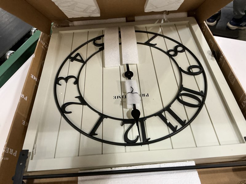 Condition photo showing Good Condition for presentime & co farmhouse barn door clock, shiplap style, cream white color, silent no ticking, 3d arabic numeral, 23" h x 21" w. home decoration/wall decoration/farmhouse décor.