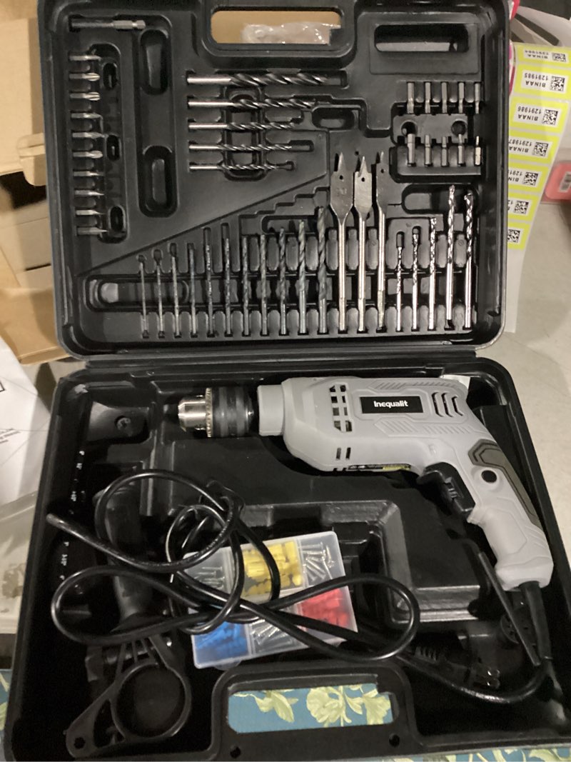 Condition photo showing Good Condition for Corded Hammer Drill 4.5Amp 0-3000 RPM, 1/2 Inch Chuck Impact Drill with 105-Piece Accessory Set, Adjustable Speed Control, 360° Swivel Handle, Depth Gauge and Portable Carrying Case Grey