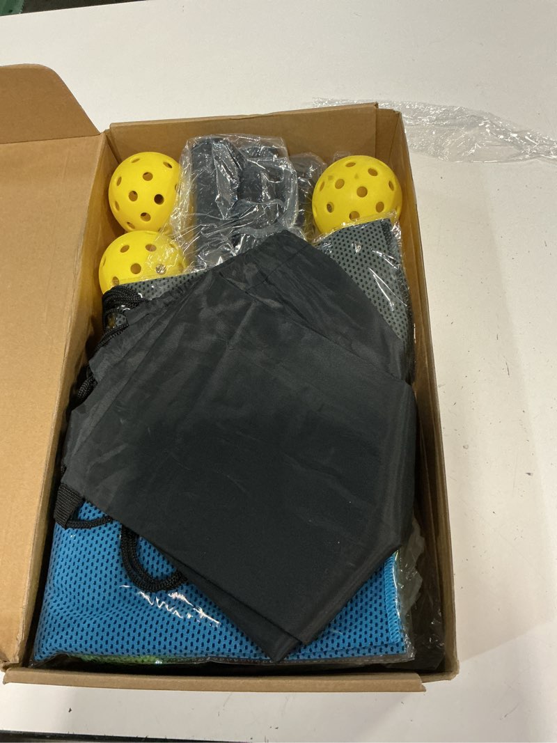 Condition photo showing New/Like New for pickleball set with 4 premium wood paddles, cushion comfort grip, 4 cooling towels, 4 pickleball balls & carry bag, pickle ball paddle for men women 1 a:4 paddles & 4 balls & 4 towels