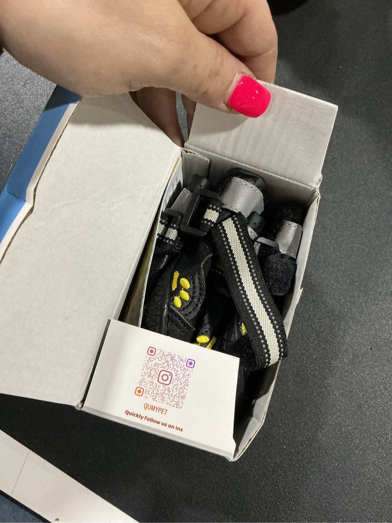Condition photo showing New/Like New for QUMY Dog Shoes for Large Dogs, Medium Dog Boots & Paw Protectors for Winter Snowy Day, Summer Hot Pavement, Water-Resistant in Rainy Weather, Outdoor Walking, Indoor Hardfloors Skid-Resistant Sole Black Size 2: 1.9''x2.4''(W*L) (Pack of 4)