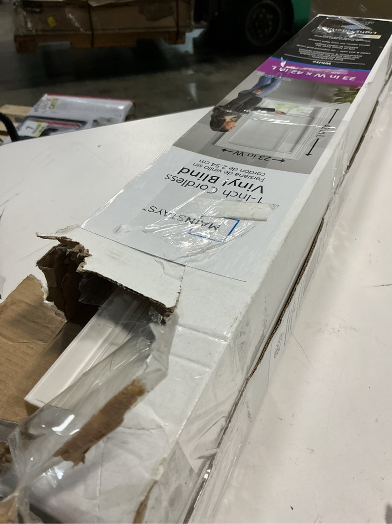 Condition photo showing As Is for mainstays cordless 1" vinyl light filtering blinds, white, 23" width x 42" length