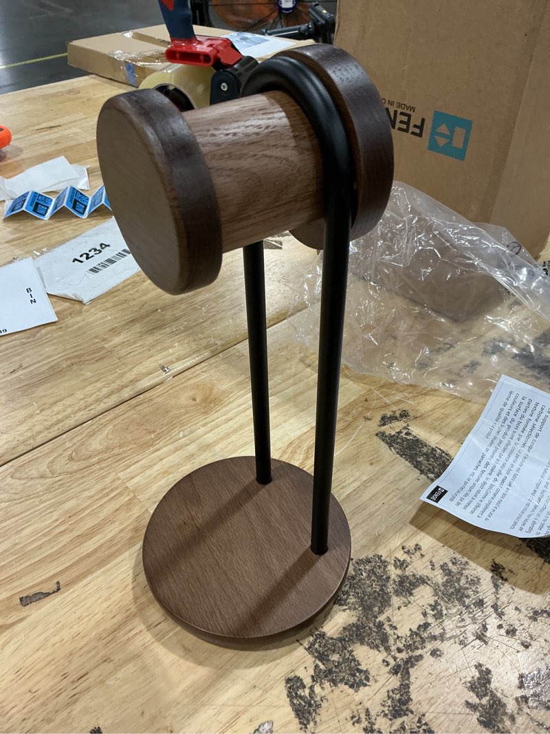Condition photo showing New/Like New for fenge headphone stand for desk, nature wood & metal headphone holder with storage base, desktop headset stand for gaming universal headphones, walnut 11.3 inch brown