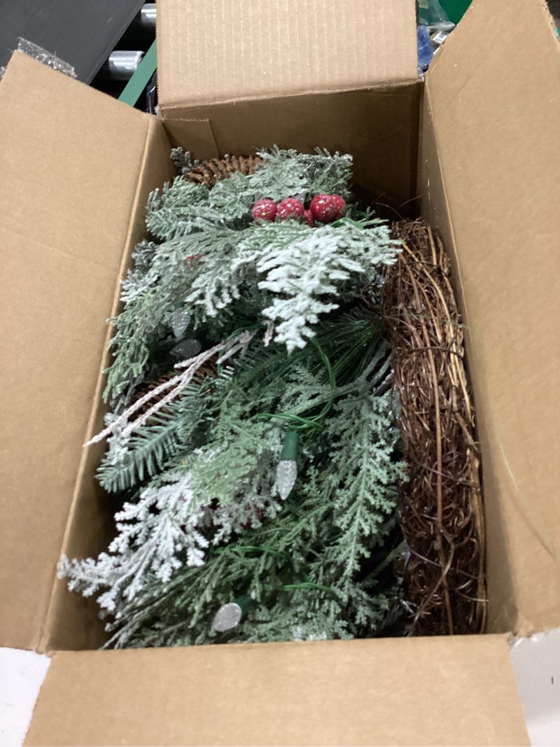 Condition photo showing Good Condition for Pre-lit Christmas Wreath for Front Door, Snow Branches, 22 Inch Battery Operated 50 LED Lights, Decorations for Indoor & Outdoor Green