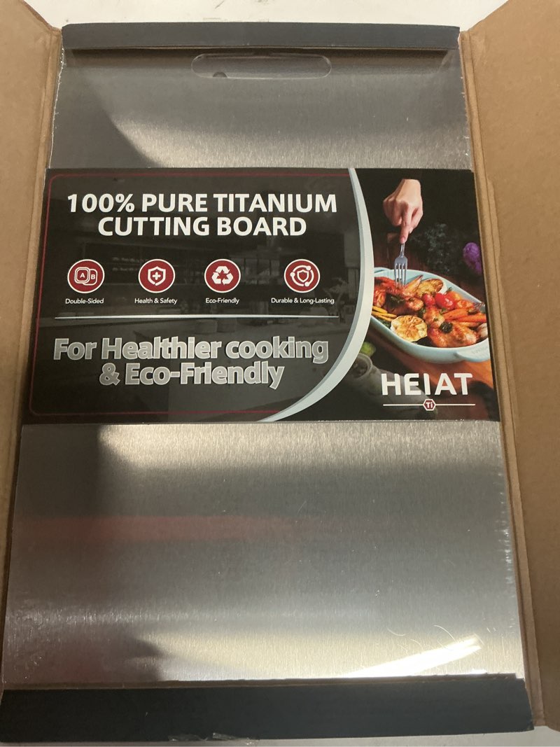 Condition photo showing Good Condition for titanium cutting board set of 3, 100% pure titanium cutting boards for kitchen, non-toxic, double-sided chopping boards for raw & cooked food, handles included, dishwasher safe(m+l+xl) 16"l x 10"w(m+l+xl)