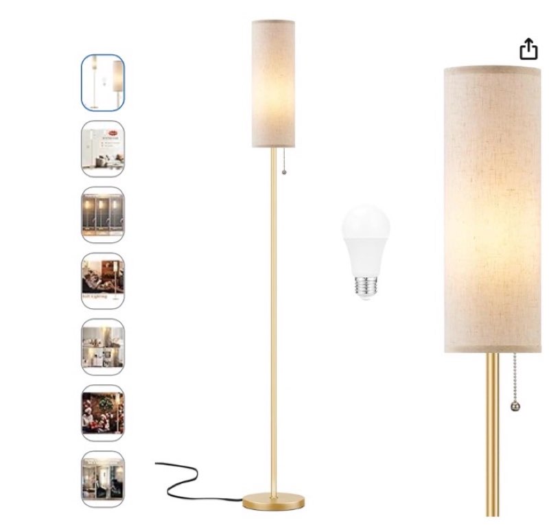 floor lamp for living room with 3 color temperatures bulb, 64" standing lamp with linen lampshade for bedroom, minimalist pole lamp, beige shade & gold pole