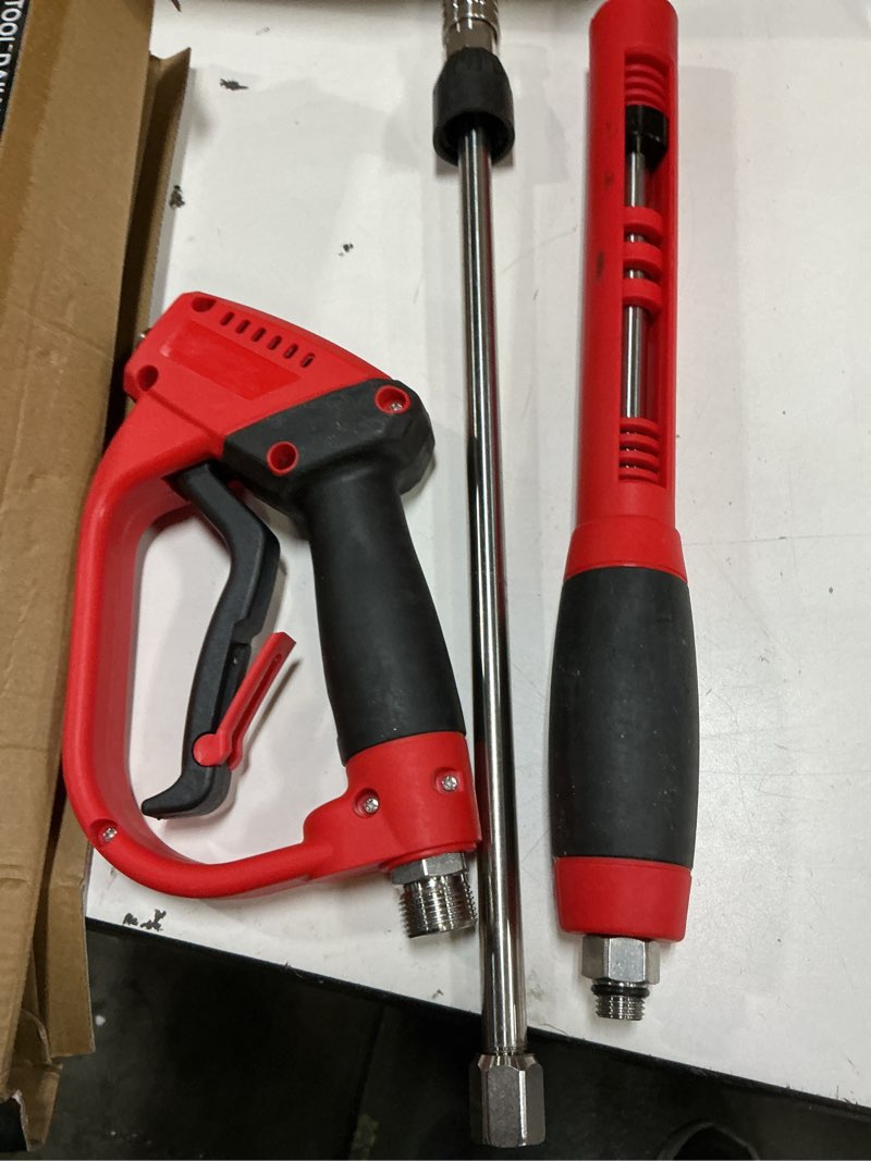 Condition photo showing As Is for tool daily deluxe pressure washer gun, with replacement wand extension, 5 nozzle tips, m22 fitting, 40 inch, 5000 psi 40inch