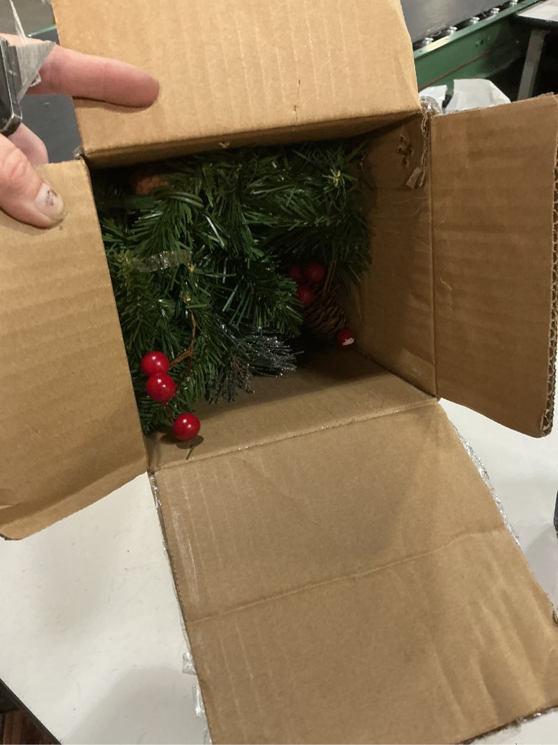 Condition photo showing As Is for national tree company 9 ft pre-lit crestwood spruce artificial christmas garland, christmas decoration with glitter, pinecones, red berries, 50 clear lights, 180 tips, green