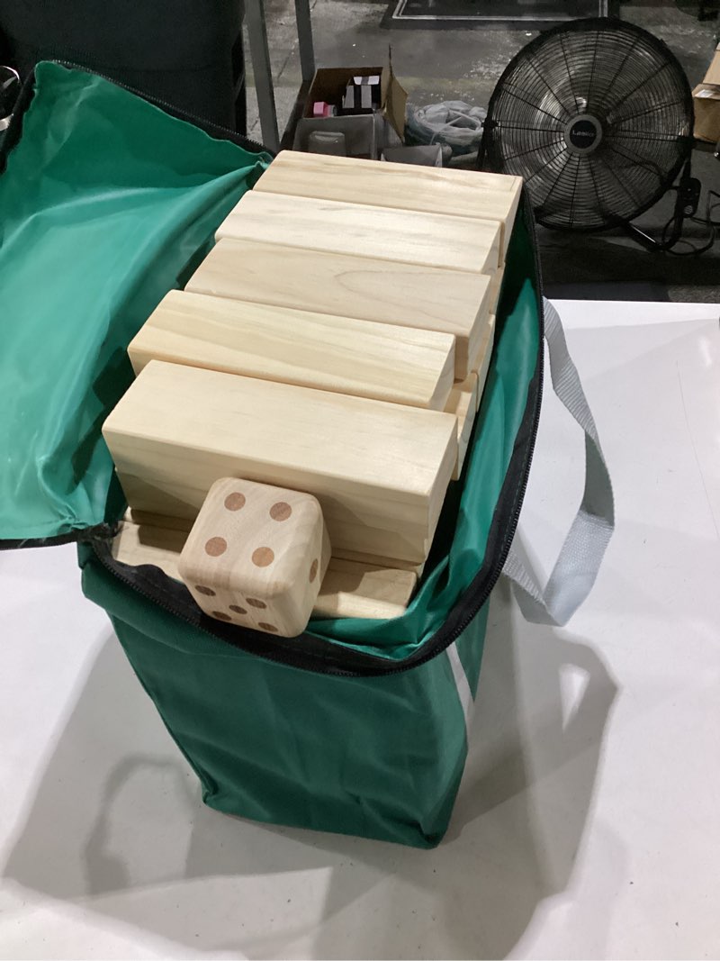 Condition photo showing Good Condition for olsa giant tumble tower, toppling timber game with carrying bag 60 pcs wooden block stacking game for adults family (2.2 ft to 5 ft)